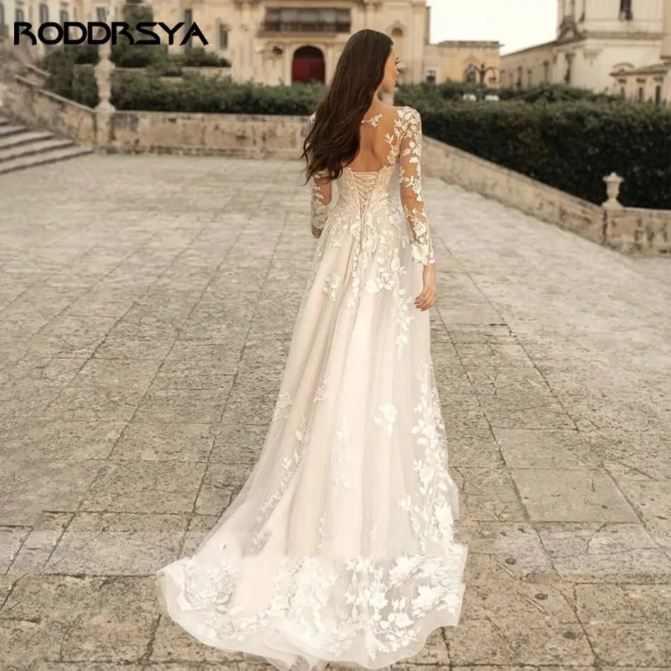 ARWEN &AJH GROUP مجموعة اروين  Elegant O-Neck Wedding Dresses Lace Up A-Line Appliques Long Sleeves Beach Bride Gowns robe فستان عروسه فستان ابيض Plus Size