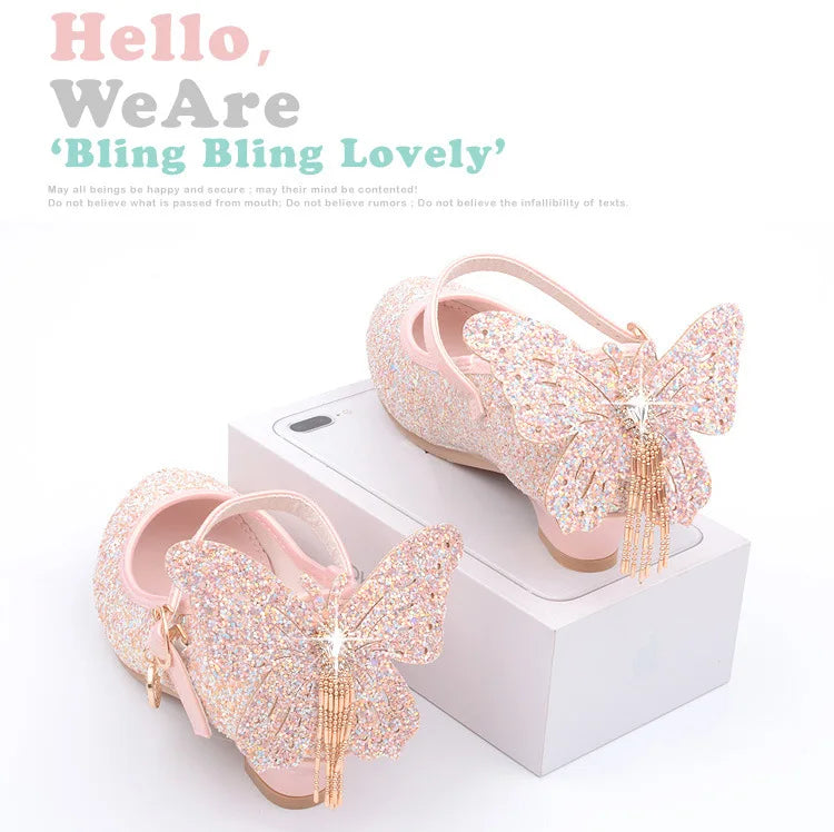 New Kids Leather Shoes Fashion Fringed Butterfly Knot Girls Princess Shoes Casual Glitter Children High Heel Student Dance Shoes