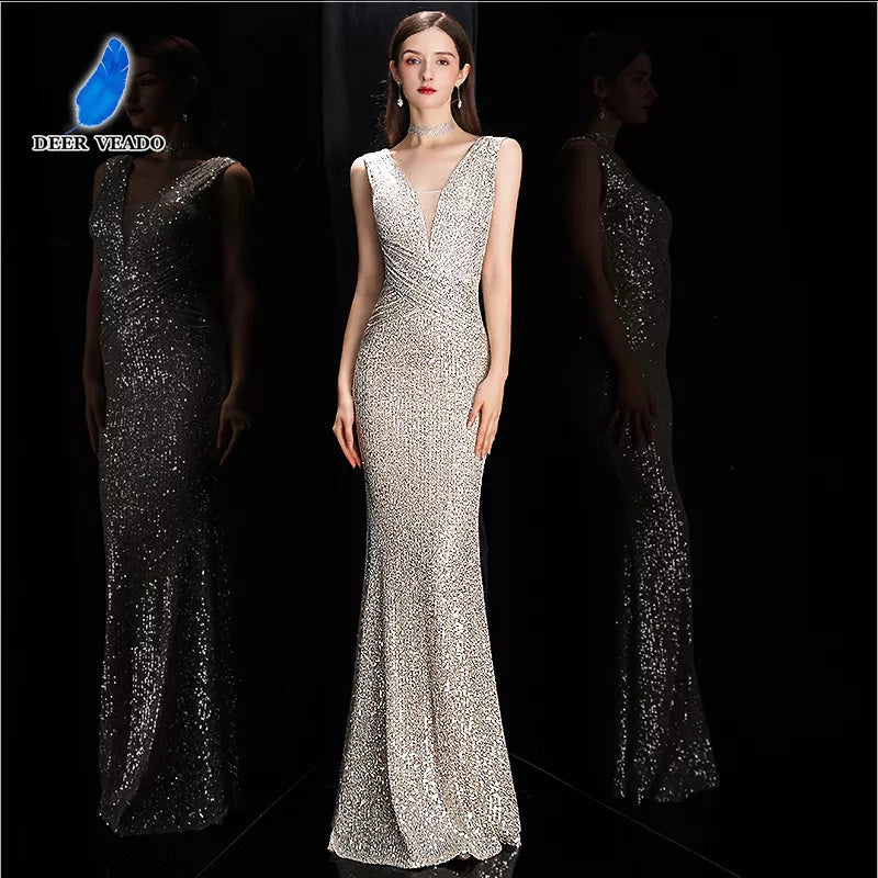 مجموعة أروين Elegant V Neck Sequin Evening Dress Long 2023 New Women Mermaid Formal Dress Party Gown Bodycon Maxi Prom Dress