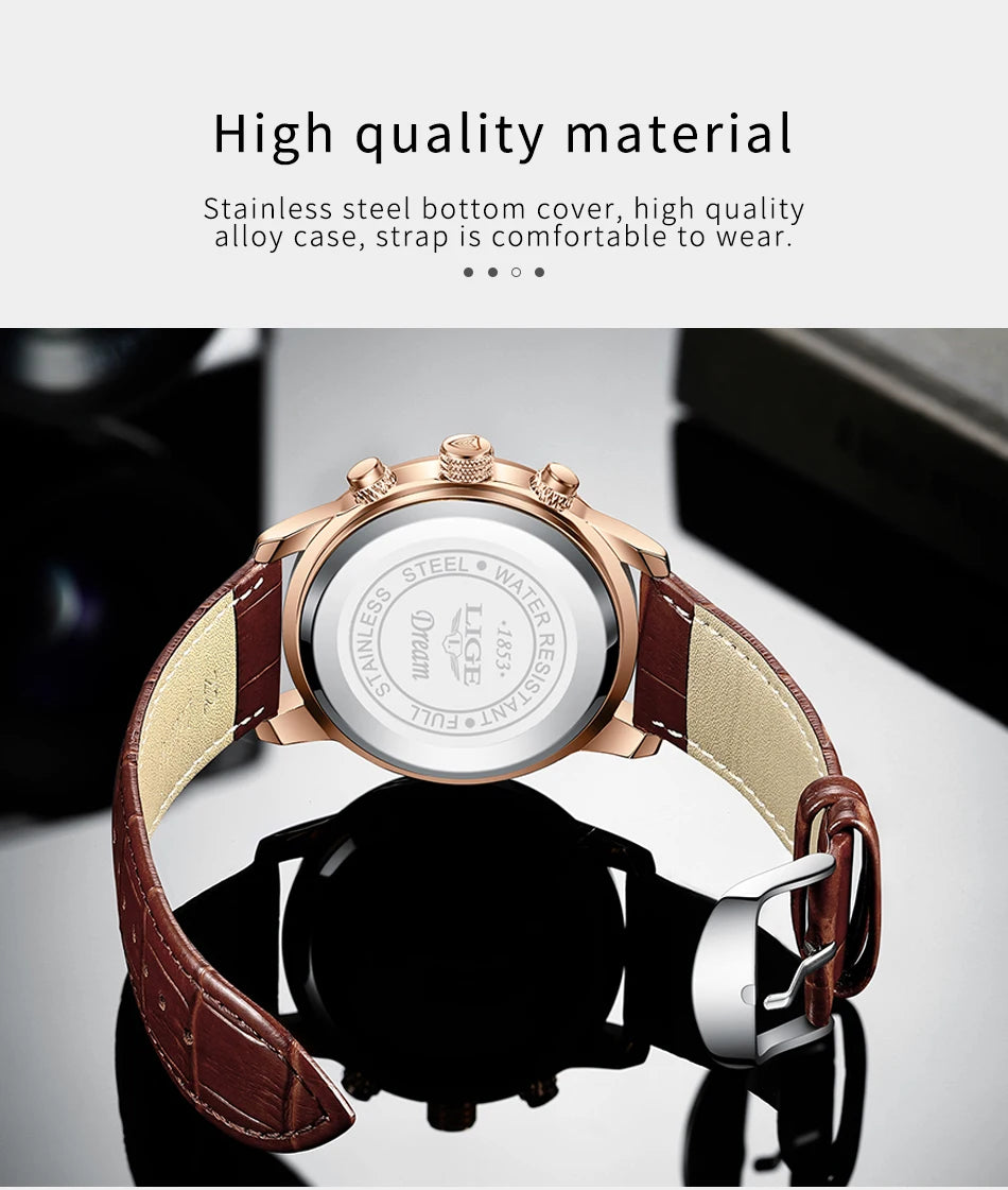 2024 New Mens Watches LIGE Top Brand Luxury Leather Casual Quartz Watch Men's Sport Waterproof Clock Watch Relogio Masculino+Box