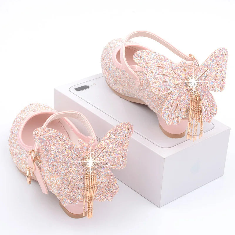 New Kids Leather Shoes Fashion Fringed Butterfly Knot Girls Princess Shoes Casual Glitter Children High Heel Student Dance Shoes