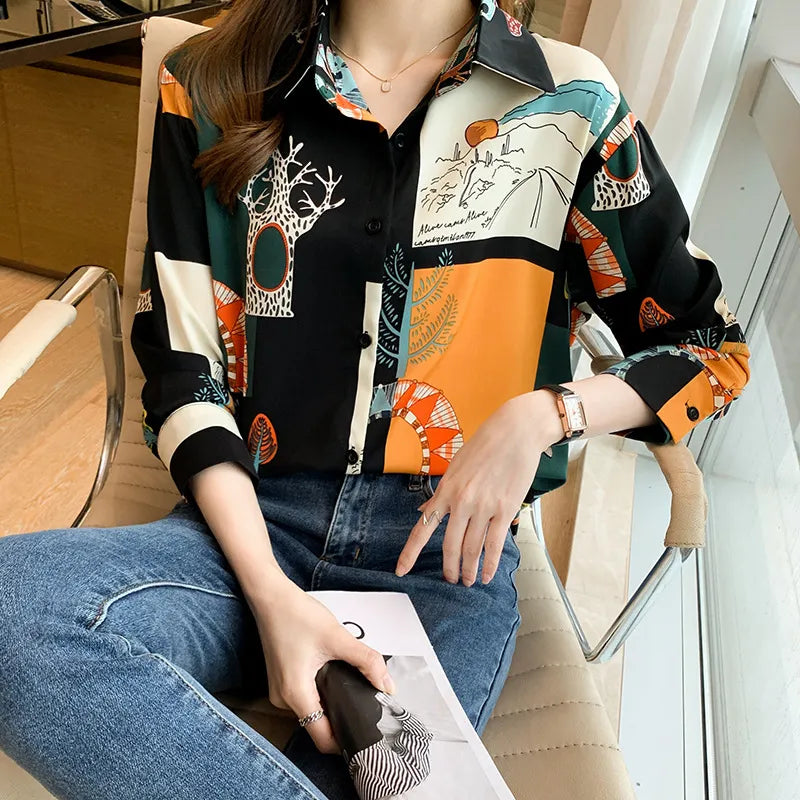 ARWEN AJH  Printed Designer Collared Shirt Women's Design Sense Niche 2024 Autumn New Versatile Chiffon Long Sleeve Women Fashion Tops