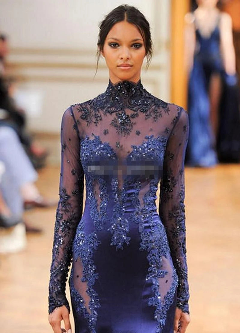 مجموعة اروين 2024 Zuhair Murad High Neck Lace Formal Evening Dress Long Sleeve See-through Beads Appliques Prom Celebrity Gowns Navy Blue