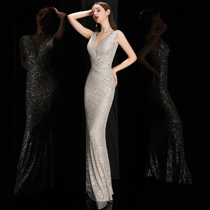 مجموعة أروين Elegant V Neck Sequin Evening Dress Long 2023 New Women Mermaid Formal Dress Party Gown Bodycon Maxi Prom Dress