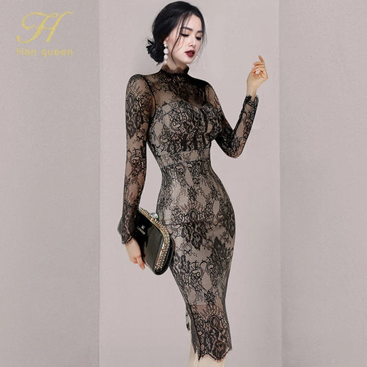 ARWEN & AJH GROUP  Autumn New See Through Lace Vestidos Korean Fashion Crochet Flowers Pencil Dress Elegant Simple Party Women Dresses