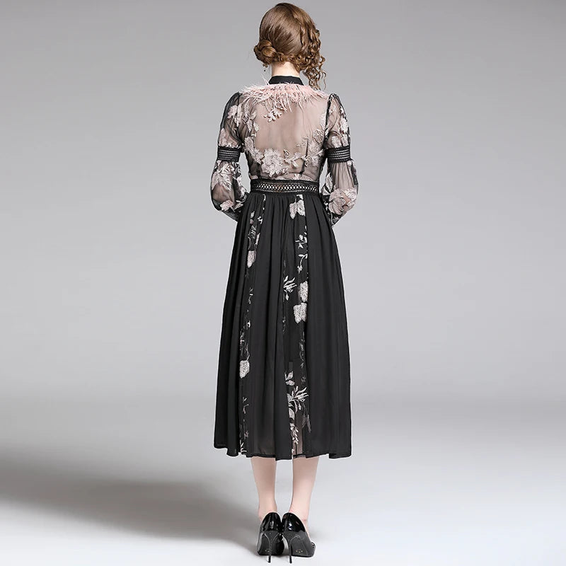 ARWEN & AJH GROUP  Runway Women's Party Dress Autumn Chiffon Patchwork Mesh Floral Embroidery Midi Dress Luxury Feather Bow Collar Dresses