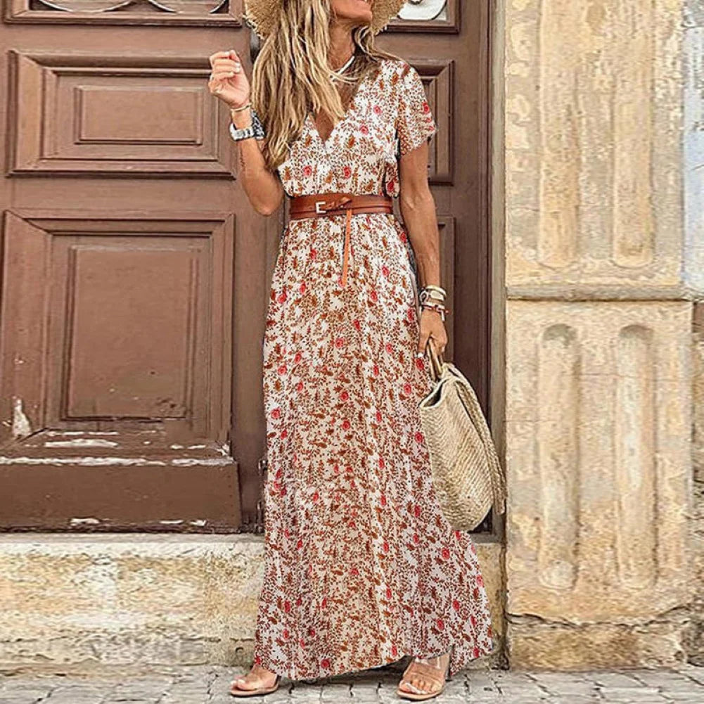 ARWEN & AJH GROUP  HOT SALE!! Boho Women V Neck Short Sleeve Paisley Print Belt Large Hem Beach Long Dress print dress summer beach dress with belt