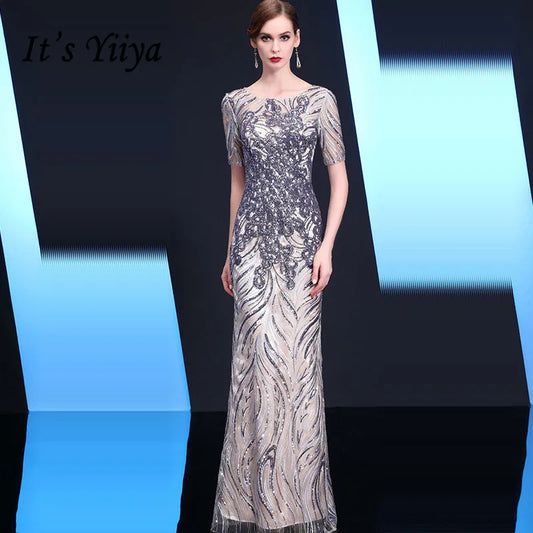 It's Yiiya Sequined Evening Gown Short Sleeve Illusion O-Neck Robe De Soiree K163 Straight Floor-Length Evening Dress 2020