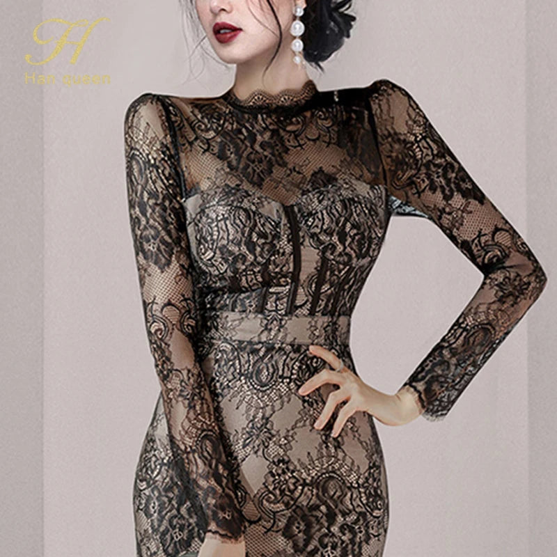 ARWEN & AJH GROUP  Autumn New See Through Lace Vestidos Korean Fashion Crochet Flowers Pencil Dress Elegant Simple Party Women Dresses