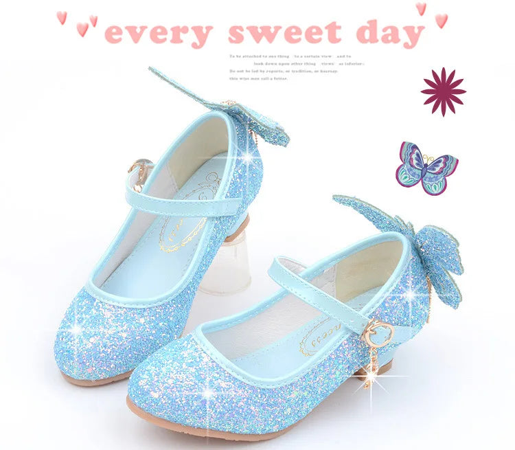 New Kids Leather Shoes Fashion Fringed Butterfly Knot Girls Princess Shoes Casual Glitter Children High Heel Student Dance Shoes