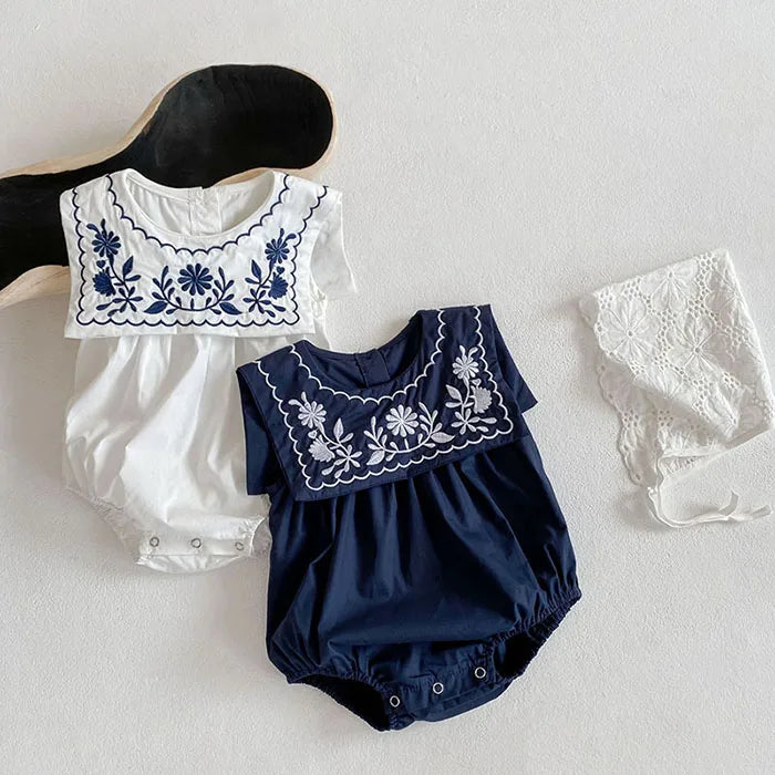 Korean Style Infant Baby Girls Jumpsuit Navy Collar Embroidery Cotton Newborn Baby Girl Bodysuits Summer Baby Girls Clothes