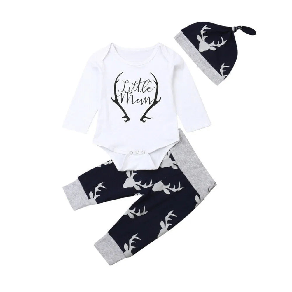 Newborn Baby Boy Clothes Little Man Romper Tops+Deer Pants+Hat Xmas Outfits