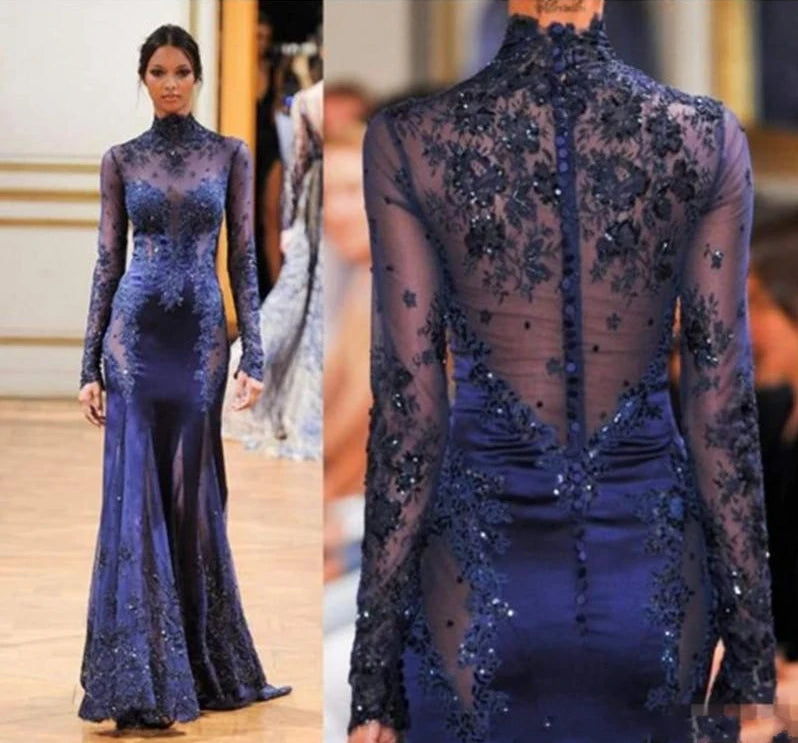 مجموعة اروين 2024 Zuhair Murad High Neck Lace Formal Evening Dress Long Sleeve See-through Beads Appliques Prom Celebrity Gowns Navy Blue