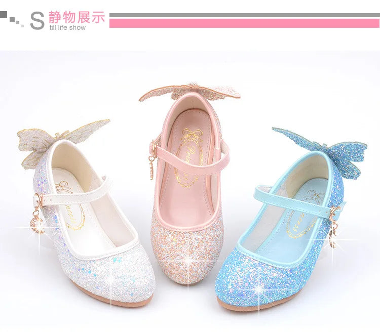 New Kids Leather Shoes Fashion Fringed Butterfly Knot Girls Princess Shoes Casual Glitter Children High Heel Student Dance Shoes