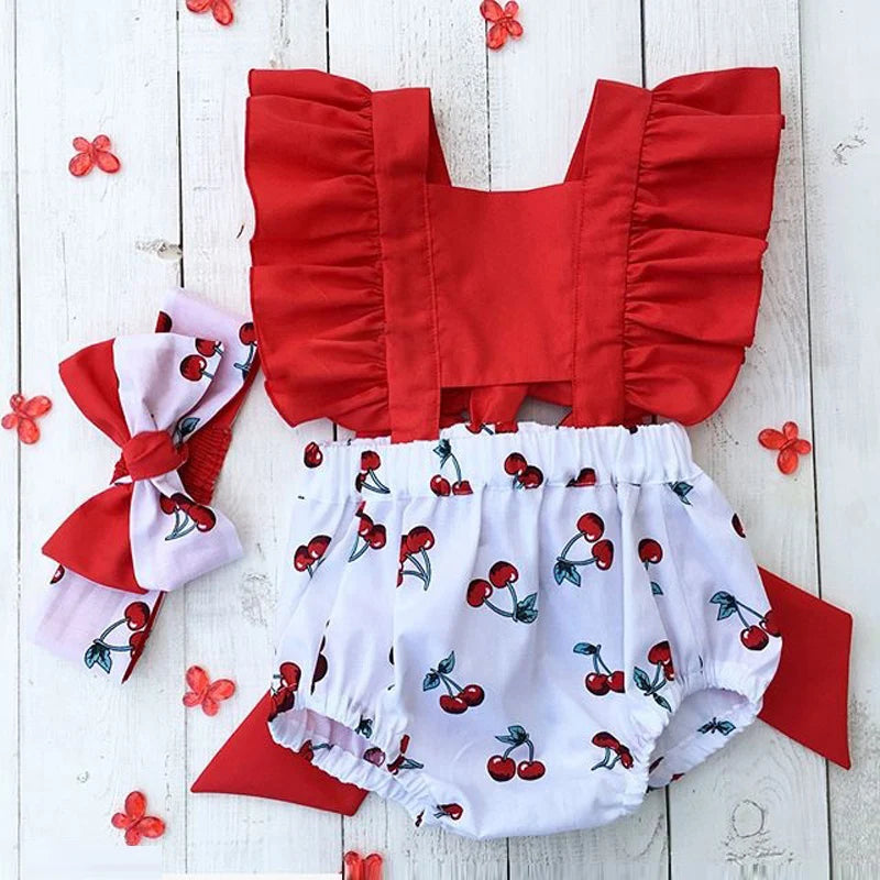 Cute Newborn Baby Girl Clothes Sets Ruffle Backless Cherry Romper Headband 2pcs Summer Outfits Toddler Infant Jumpsuit 0-18M