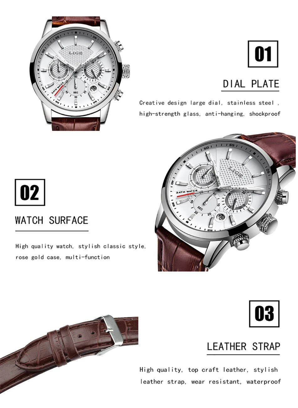 2024 New Mens Watches LIGE Top Brand Luxury Leather Casual Quartz Watch Men's Sport Waterproof Clock Watch Relogio Masculino+Box