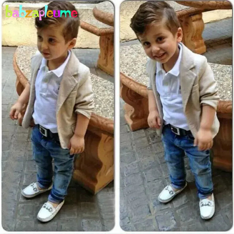 3Piece Spring Autumn Baby Boy Clothes Korean Outfit Set Casual Fashion Coat+White Tops+Jeans Children Boutique Clothing BC1007