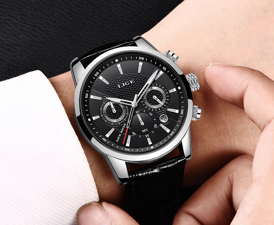 2024 New Mens Watches LIGE Top Brand Luxury Leather Casual Quartz Watch Men's Sport Waterproof Clock Watch Relogio Masculino+Box