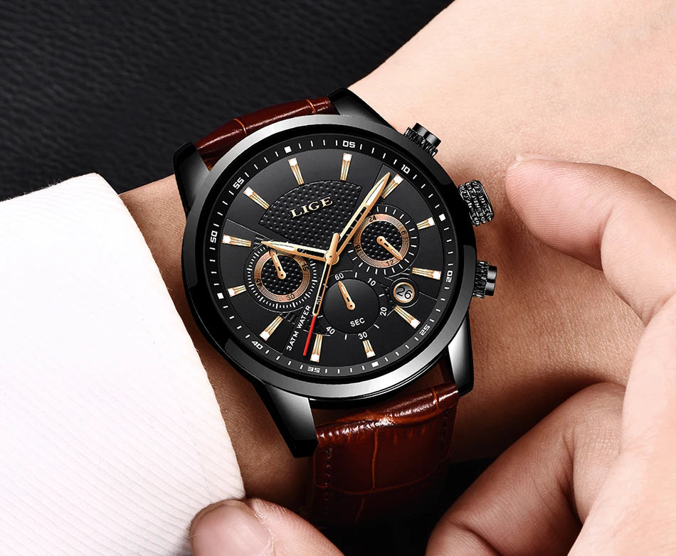 2024 New Mens Watches LIGE Top Brand Luxury Leather Casual Quartz Watch Men's Sport Waterproof Clock Watch Relogio Masculino+Box