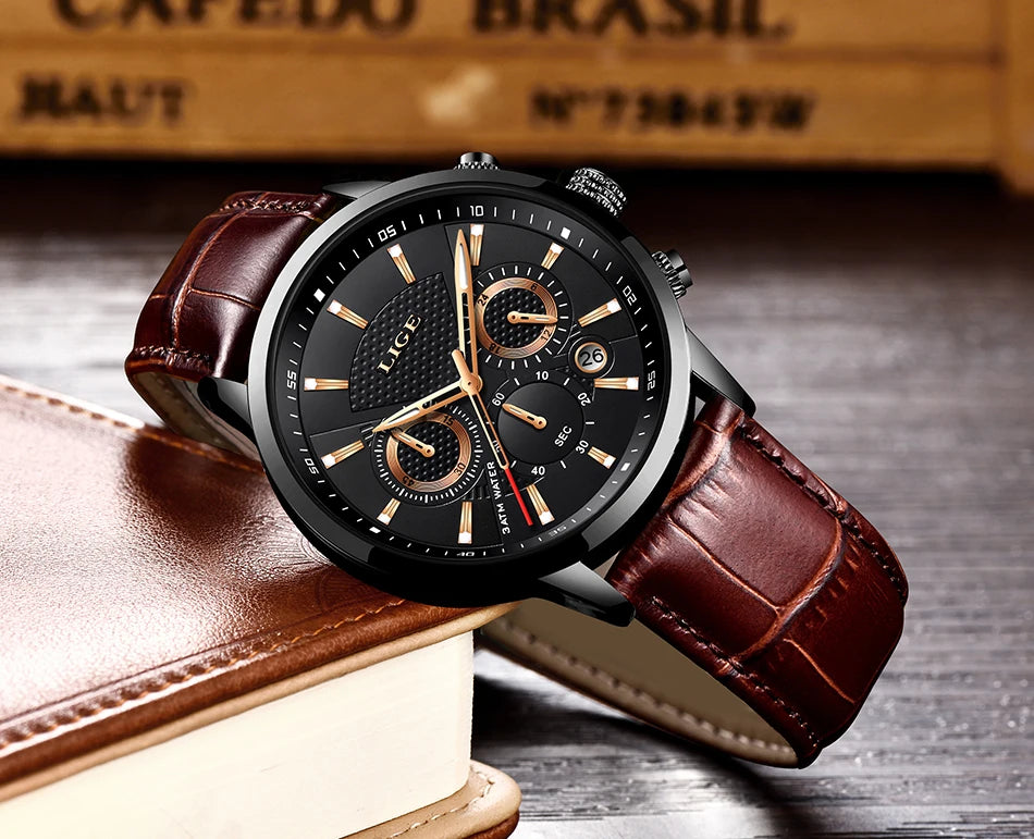 2024 New Mens Watches LIGE Top Brand Luxury Leather Casual Quartz Watch Men's Sport Waterproof Clock Watch Relogio Masculino+Box