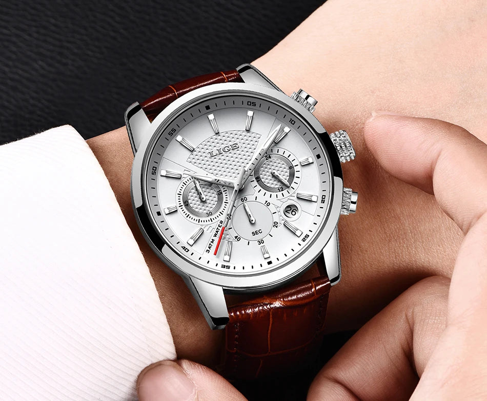 2024 New Mens Watches LIGE Top Brand Luxury Leather Casual Quartz Watch Men's Sport Waterproof Clock Watch Relogio Masculino+Box