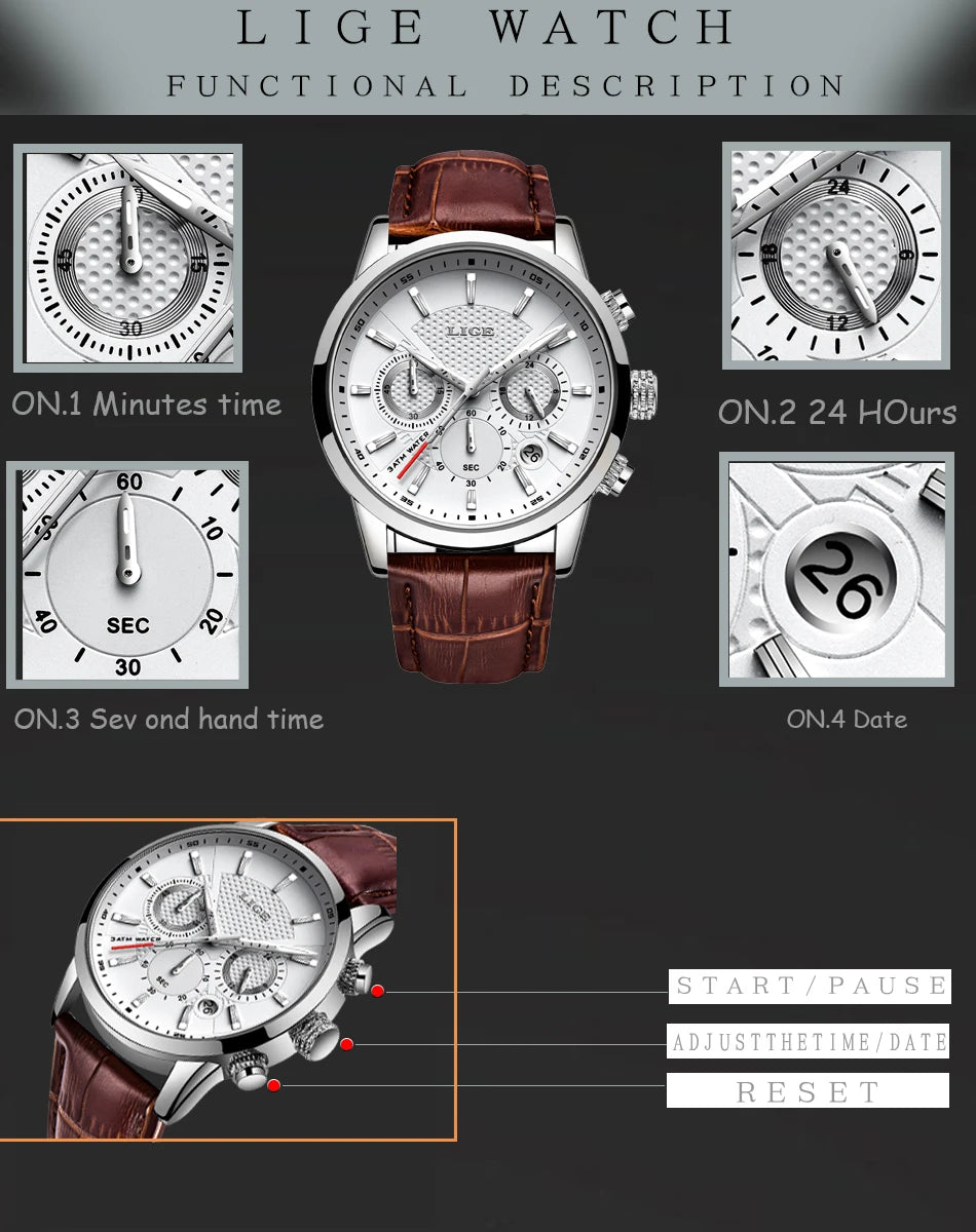 2024 New Mens Watches LIGE Top Brand Luxury Leather Casual Quartz Watch Men's Sport Waterproof Clock Watch Relogio Masculino+Box