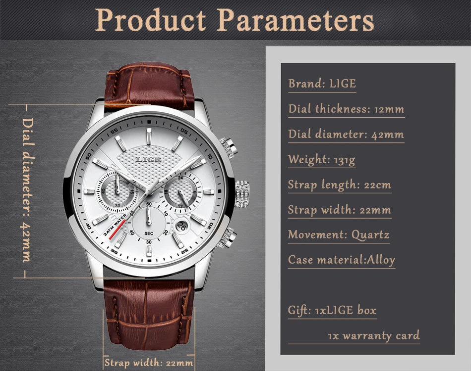 2024 New Mens Watches LIGE Top Brand Luxury Leather Casual Quartz Watch Men's Sport Waterproof Clock Watch Relogio Masculino+Box