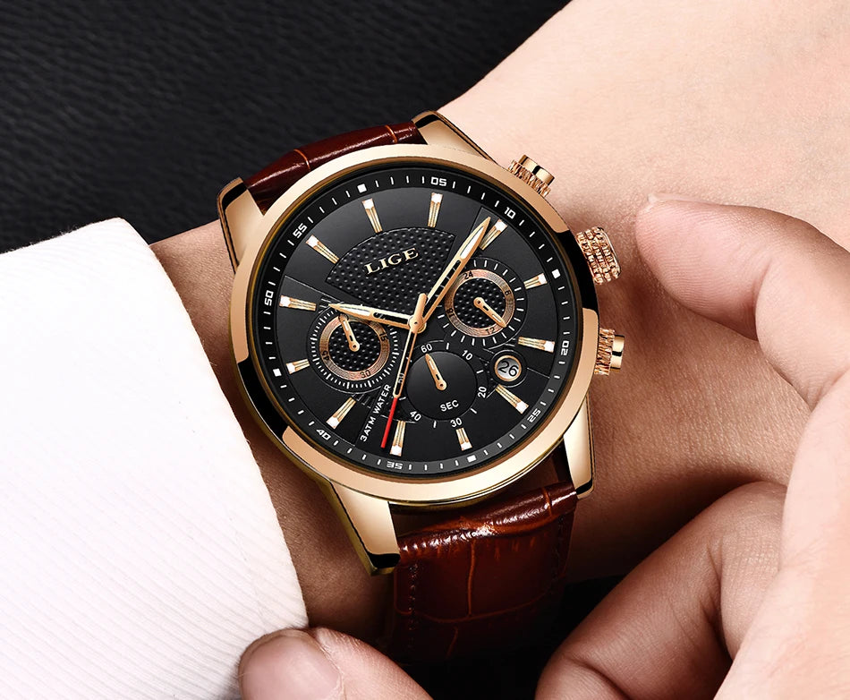 2024 New Mens Watches LIGE Top Brand Luxury Leather Casual Quartz Watch Men's Sport Waterproof Clock Watch Relogio Masculino+Box