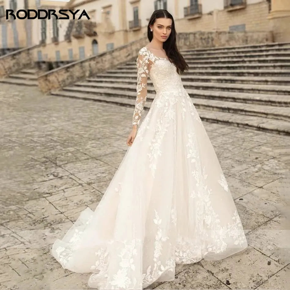 ARWEN &AJH GROUP مجموعة اروين  Elegant O-Neck Wedding Dresses Lace Up A-Line Appliques Long Sleeves Beach Bride Gowns robe فستان عروسه فستان ابيض Plus Size