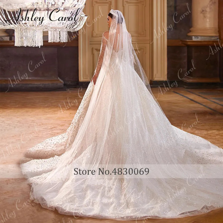 Ashley Carol Luxury Wedding Dresses For Women 2024 Bride Long Sleeve Princess Sparkling Beaded Bridal Dress