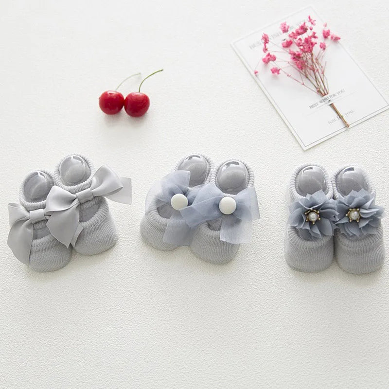 3 Pairs/Lot Lace Flower Newborn Baby Socks Cotton Anti-Slip Kids Floor Socks Bow toddler Girl Socks Spring Girls Gift sokken