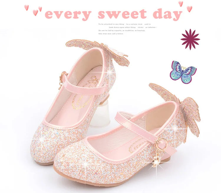 New Kids Leather Shoes Fashion Fringed Butterfly Knot Girls Princess Shoes Casual Glitter Children High Heel Student Dance Shoes