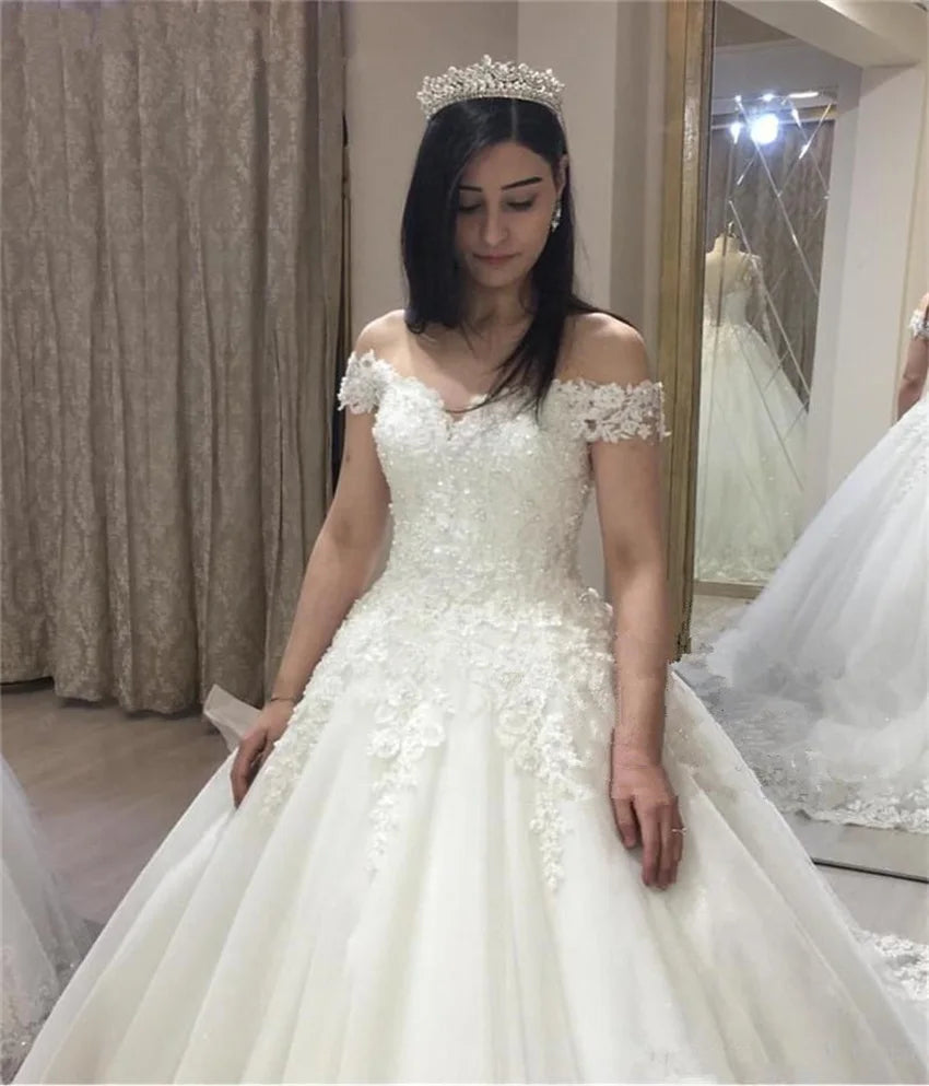 مجموعة اروين arwen & AJH GROUP Princess Ball Gown Luxury Wedding Dress 2024 Off The Shoulder White Puffy Tulle Lace Applique Vestido De Novia vestito sposa