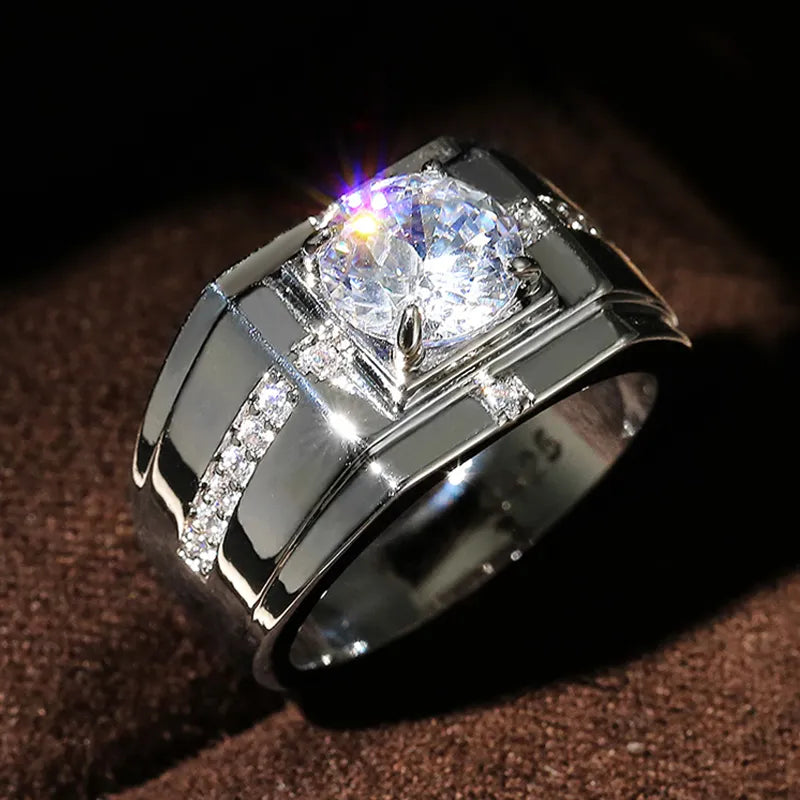 Luxury Silver Color Round Cubic Zircon Rings for Men Classic Wedding Ceremony Ring Dazzling Male Accessories Jewelry Hot