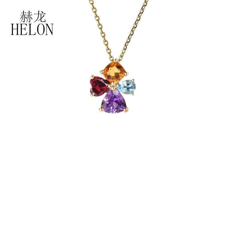 HELON Solid 14K Yellow Gold 100% Genuine Natural Citrine Garnet sky Topaz blue Amethyst Pendant Necklace For Women Fine Jewelry