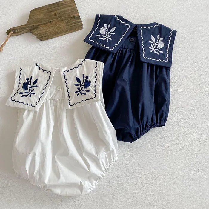 Korean Style Infant Baby Girls Jumpsuit Navy Collar Embroidery Cotton Newborn Baby Girl Bodysuits Summer Baby Girls Clothes