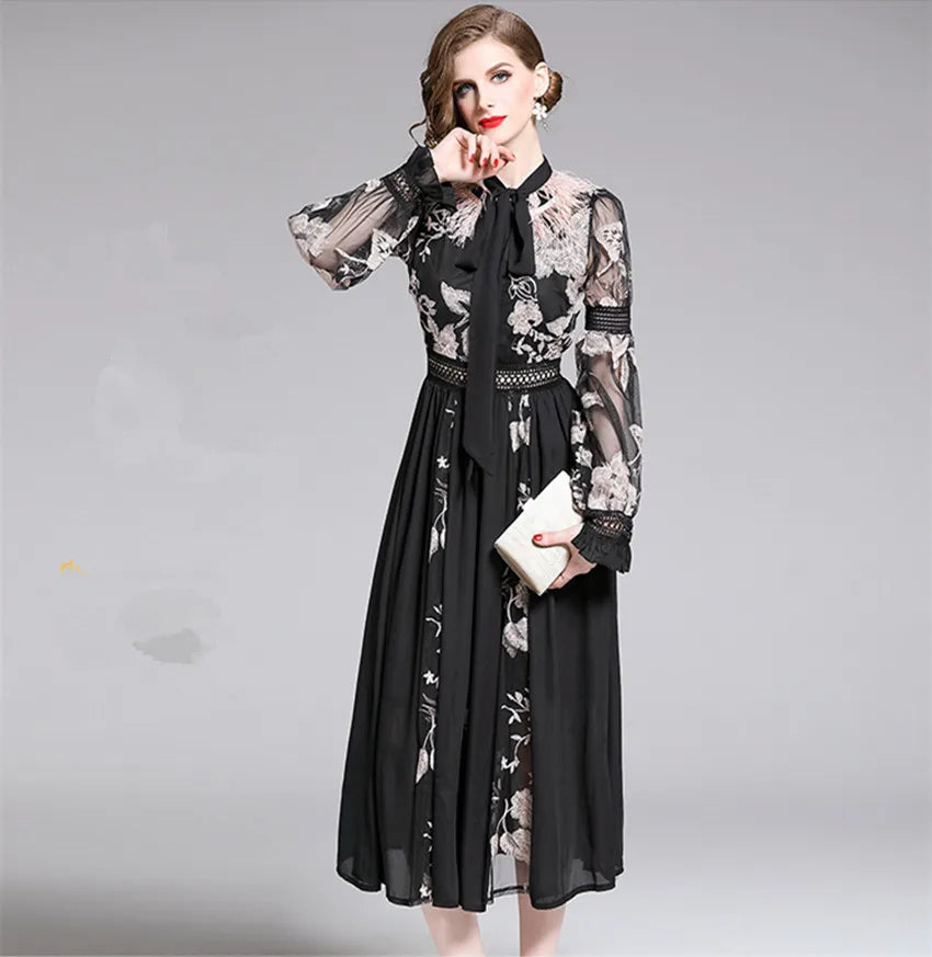 ARWEN & AJH GROUP  Runway Women's Party Dress Autumn Chiffon Patchwork Mesh Floral Embroidery Midi Dress Luxury Feather Bow Collar Dresses