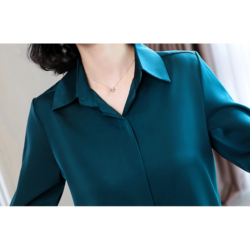 ARWEN AJH  Fashion Woman Blouses 2024 Office Lady Simplicity Hidden Breasted Silk Satin Shirts For Women Basic Clothing Female Casual Tops