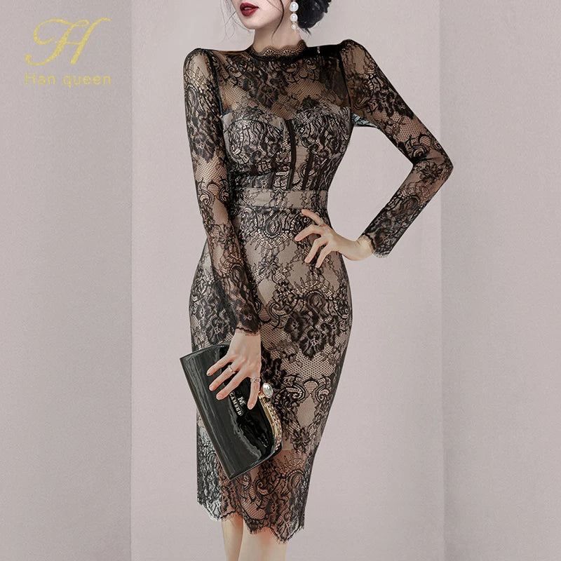 ARWEN & AJH GROUP  Autumn New See Through Lace Vestidos Korean Fashion Crochet Flowers Pencil Dress Elegant Simple Party Women Dresses