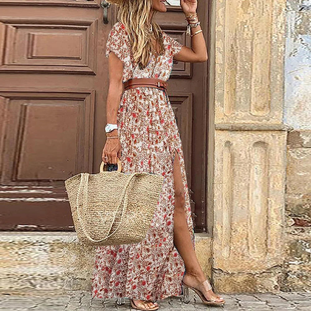 ARWEN & AJH GROUP  HOT SALE!! Boho Women V Neck Short Sleeve Paisley Print Belt Large Hem Beach Long Dress print dress summer beach dress with belt