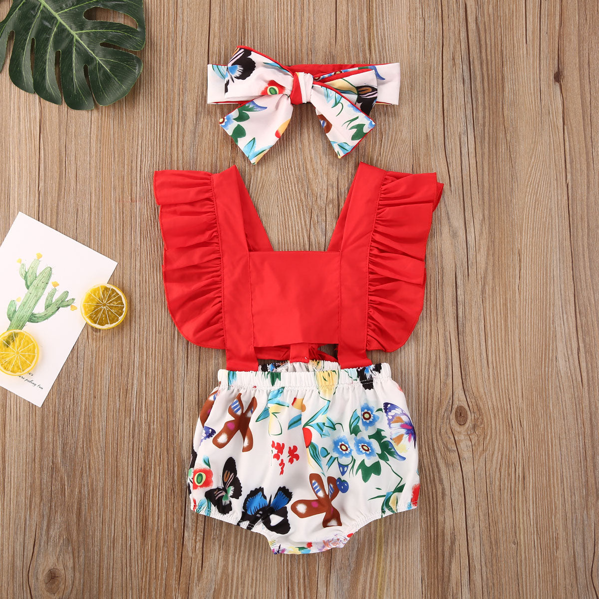 Cute Newborn Baby Girl Clothes Sets Ruffle Backless Cherry Romper Headband 2pcs Summer Outfits Toddler Infant Jumpsuit 0-18M