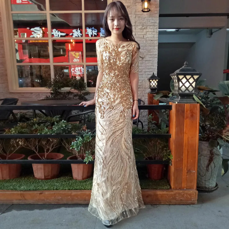 It's Yiiya Sequined Evening Gown Short Sleeve Illusion O-Neck Robe De Soiree K163 Straight Floor-Length Evening Dress 2020