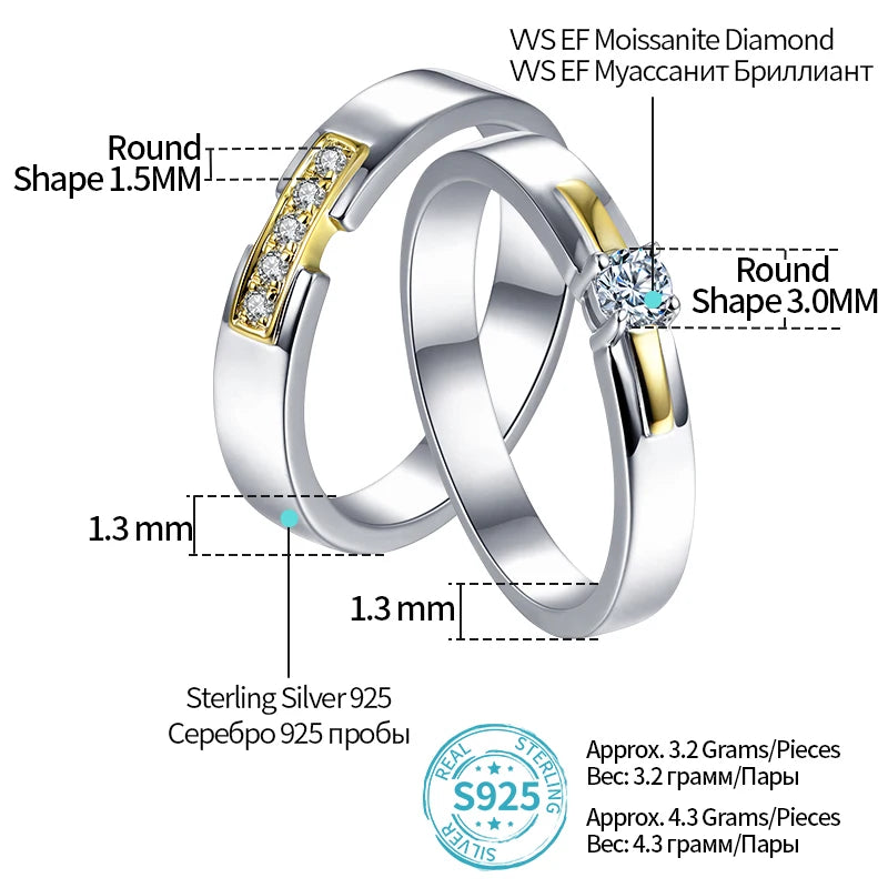 ARWEN & AJH GROUP    New Couple Wedding Rings 925 Silver Round Brilliant Cut Diamond Test Past D Color Moissanite Engagement Ring for Men Women