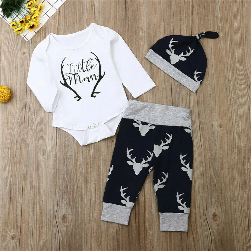 Newborn Baby Boy Clothes Little Man Romper Tops+Deer Pants+Hat Xmas Outfits