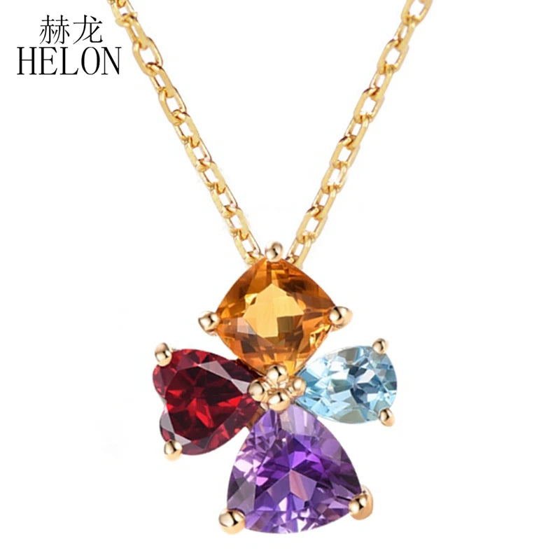 HELON Solid 14K Yellow Gold 100% Genuine Natural Citrine Garnet sky Topaz blue Amethyst Pendant Necklace For Women Fine Jewelry