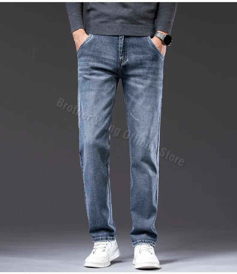 2023 Autumn New Men Regular Fit Stretch Jeans Classic Style Smoky Gray Fashion Casual Denim Pants Male Brand Trousers Blue