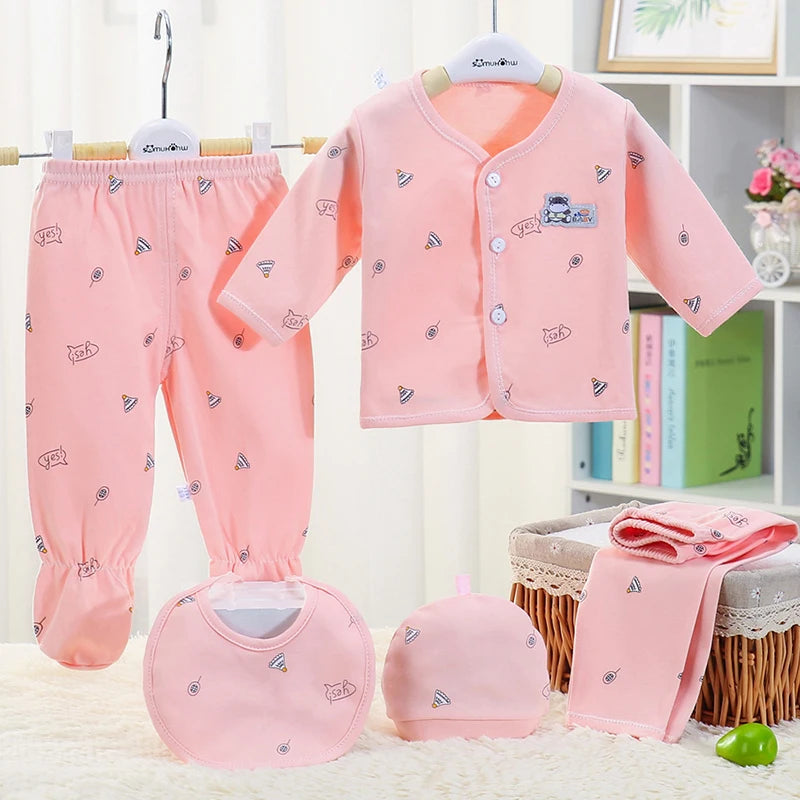 Baywell Infant Newborn Unisex Clothes 0-3 Months Baby Spring Autumn Print Cartoon Clothing Sets Tops Trousers Hat Bibs