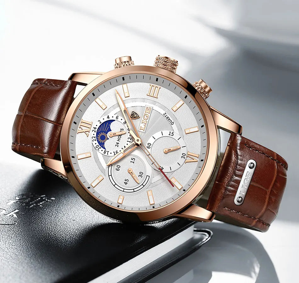 2024 New Mens Watches LIGE Top Brand Luxury Leather Casual Quartz Watch Men's Sport Waterproof Clock Watch Relogio Masculino+Box