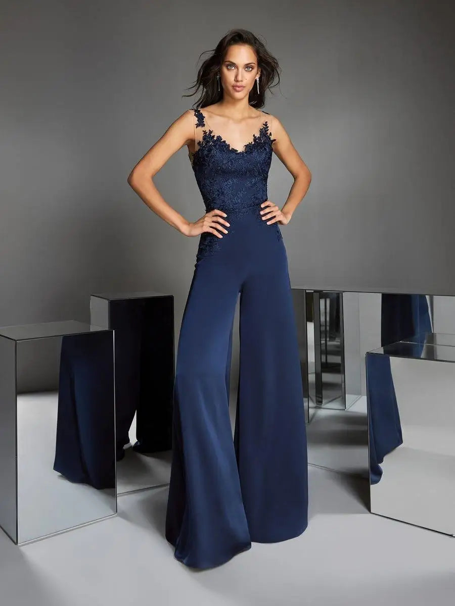 مجموعة أروين  Navy Blue Jumpsuits Mother of the Bride Pants Suit V Neck Lace Wedding Guest Dress Mothers of the Groom Gowns Outfit