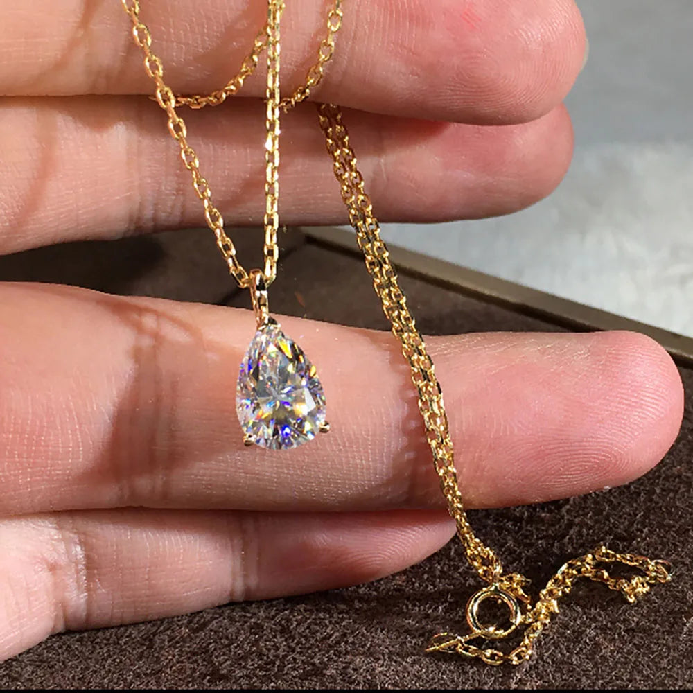 Custom Solid 18K Yellow Gold Women Pendants Necklaces Moissanite Diamond 1 2 3 Ct Pear Water Drop Wedding Anniversary Engagement